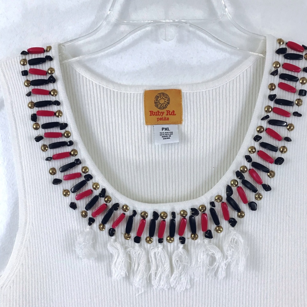 Ruby Rd. White Beaded Tassel Ribbed Tank Top PXL - Picture 2 of 7